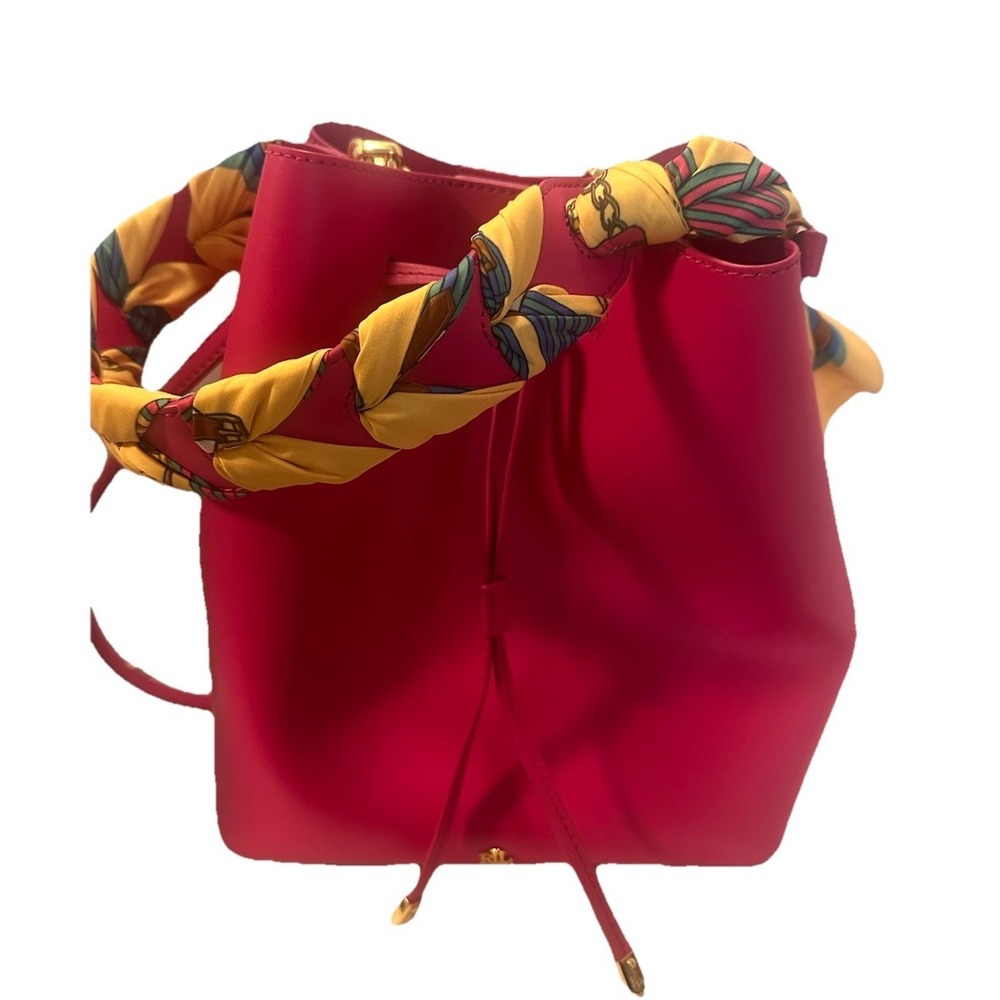 RALPH LAUREN WOMEN'S LEATHER DEBBY PRINT‎ SCARF  DRAWSTRING BAG PINK